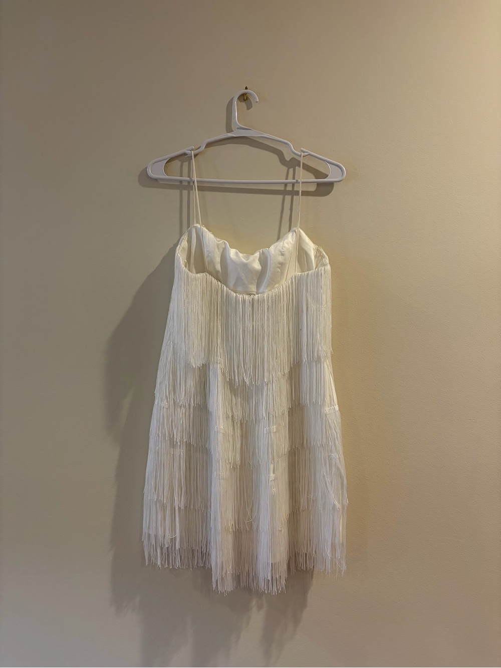 Jenny Yoo Tula White Fringe Slip Dress with Spaghetti Straps - Picture 3 of 5